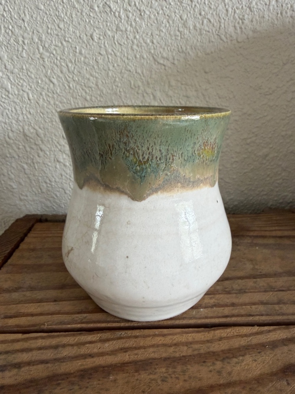 Handcrafted White Ceramic Vase with Green Drip Glaze